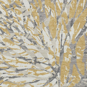 8 X 10 Gold Ivory Abstract Polyester Area Rug Washable for Indoor Outdoor Use
