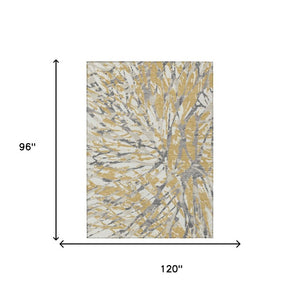 8 X 10 Gold Ivory Abstract Polyester Area Rug Washable for Indoor Outdoor Use