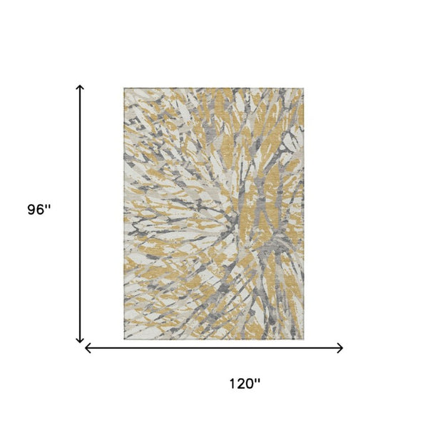 8 X 10 Gold Ivory Abstract Polyester Area Rug Washable for Indoor Outdoor Use