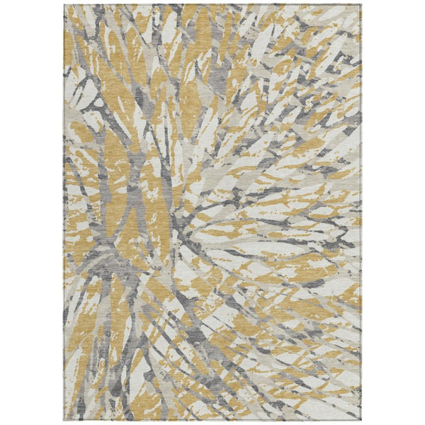 10 X 14 Gold Ivory Abstract Polyester Area Rug Washable for Patio or Living Room