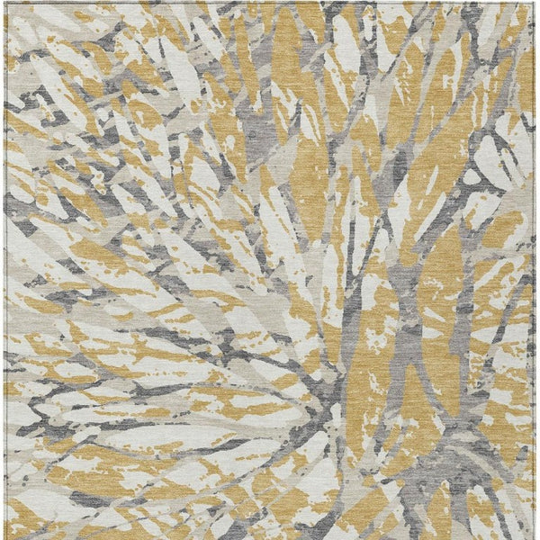 10 X 14 Gold Ivory Abstract Polyester Area Rug Washable for Patio or Living Room