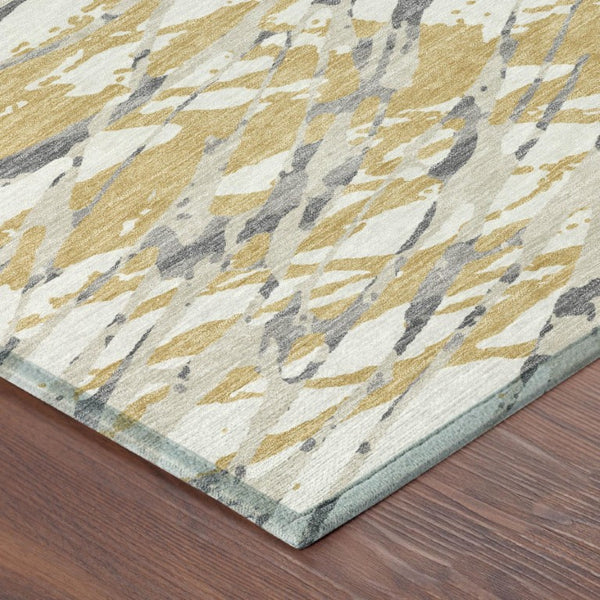 10 X 14 Gold Ivory Abstract Polyester Area Rug Washable for Patio or Living Room