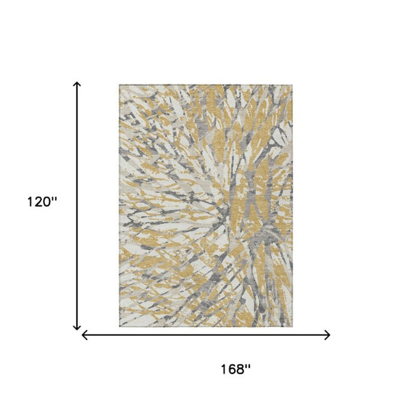 10 X 14 Gold Ivory Abstract Polyester Area Rug Washable for Patio or Living Room