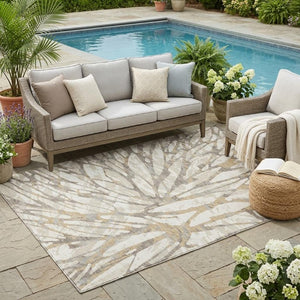 5x8 Abstract Ivory Pewter Polyester Area Rug Washable for Patio Porch or Living Room