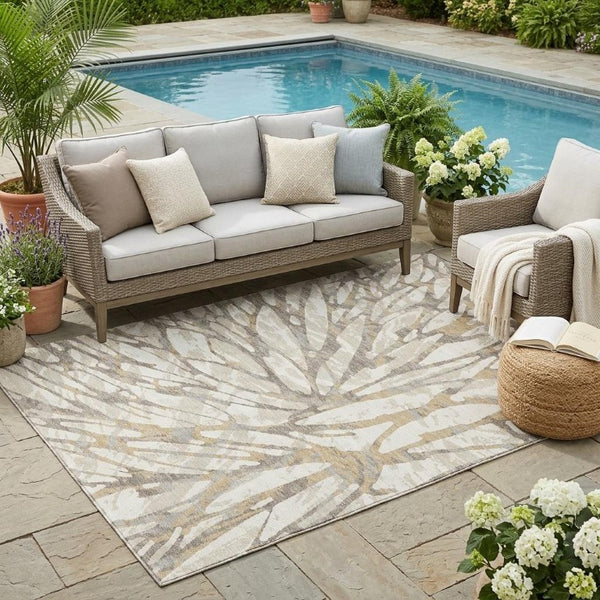 5x8 Abstract Ivory Pewter Polyester Area Rug Washable for Patio Porch or Living Room