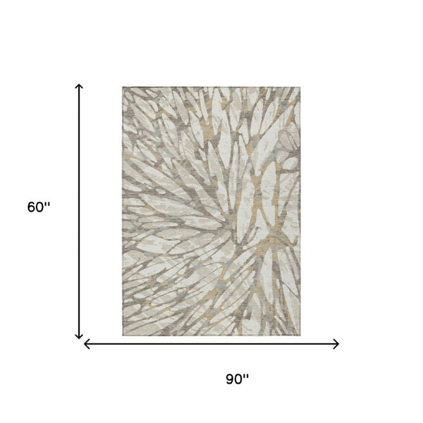 5x8 Abstract Ivory Pewter Polyester Area Rug Washable for Patio Porch or Living Room