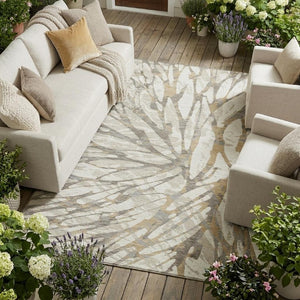 9 X 12 Ivory Pewter Abstract Polyester Area Rug Stain Resistant for Patio or Living Room