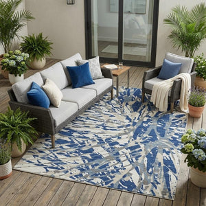 5 X 8 Navy Abstract Polyester Area Rug Washable for Indoor Outdoor Living