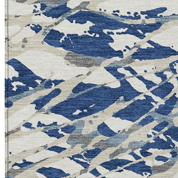 5 X 8 Navy Abstract Polyester Area Rug Washable for Indoor Outdoor Living