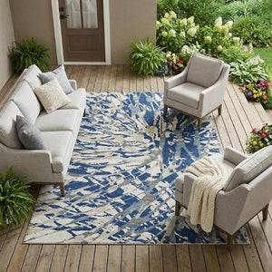 8 X 10 Abstract Polyester Area Rug Navy Ivory Washable Indoor Outdoor All Season