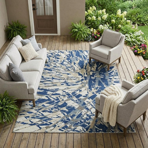 8 X 10 Abstract Polyester Area Rug Navy Ivory Washable Indoor Outdoor All Season