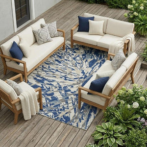 9 X 12 Abstract Navy Ivory Washable Polyester Rug for Indoor Outdoor Living Spaces