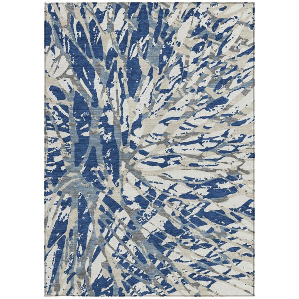 9 X 12 Abstract Navy Ivory Washable Polyester Rug for Indoor Outdoor Living Spaces
