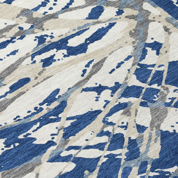 9 X 12 Abstract Navy Ivory Washable Polyester Rug for Indoor Outdoor Living Spaces