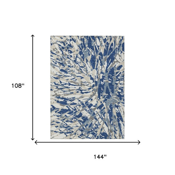 9 X 12 Abstract Navy Ivory Washable Polyester Rug for Indoor Outdoor Living Spaces