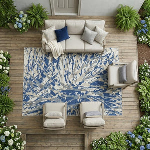 10 X 14 Abstract Navy Ivory Washable Polyester Rug for Patio Porch or Living Room