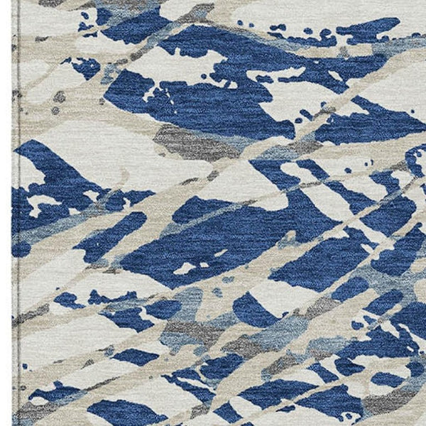 10 X 14 Abstract Navy Ivory Washable Polyester Rug for Patio Porch or Living Room