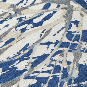 10 X 14 Abstract Navy Ivory Washable Polyester Rug for Patio Porch or Living Room