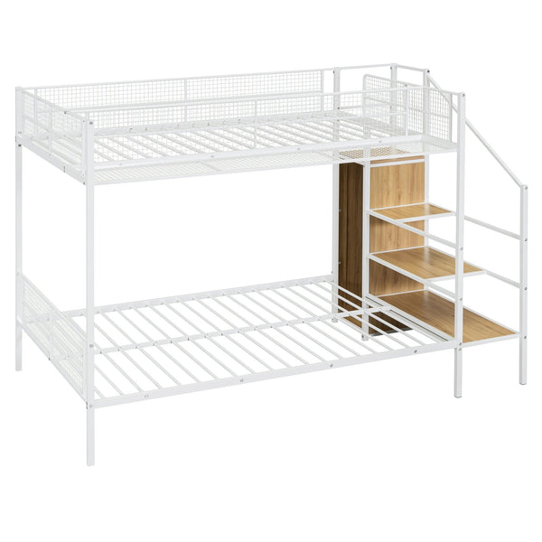 English Elm Twin Over Full Metal Bunk Bed with Trundle, Step Ladder Storage, Wardrobe & Wire Shelving, Durable Frame White SF000172AAK