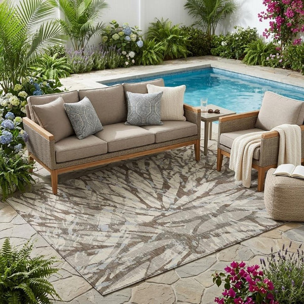 5 X 8 Abstract Indoor Outdoor Rug Taupe Teal Polyester Stain Resistant Washable