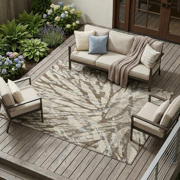 8 X 10 Abstract Taupe Teal Washable Polyester Rug for Patio Porch or Living Room