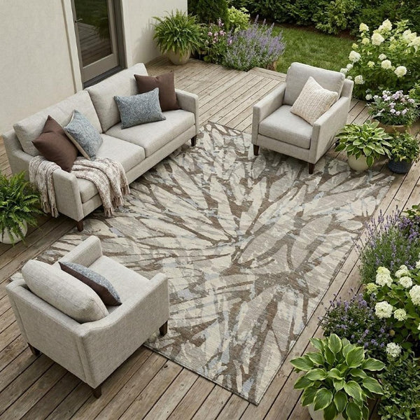10 X 14 Taupe Teal Abstract Polyester Area Rug Washable for Patio or Living Room