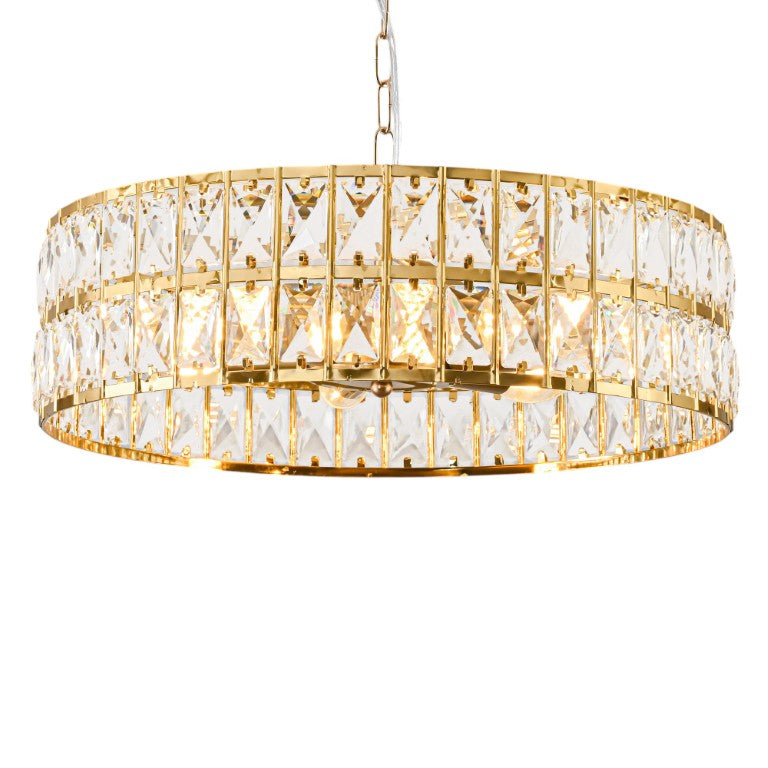 HomeRoots Black Six Light Chandelier with Crystal Rope Accents and Beveled Gold Shaded Glass 735194