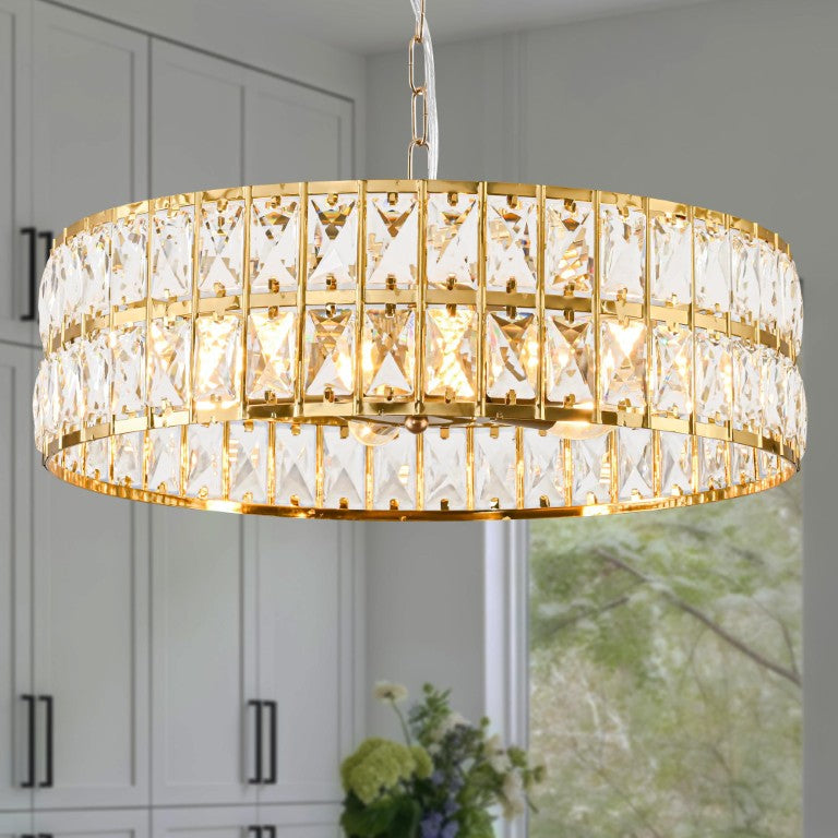 HomeRoots Black Six Light Chandelier with Crystal Rope Accents and Beveled Gold Shaded Glass 735194