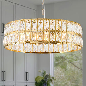 Black Six Light Chandelier with Crystal Rope Accents and Beveled Gold Shaded Glass