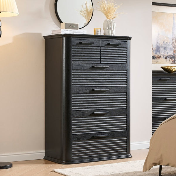 English Elm 6 Drawer Tall Fluted Chest with Waveform Fronts Slim Wooden Storage for Modern Bedroom Black Woodgrain T5326P425102