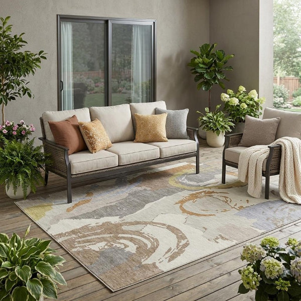 5x8 Ivory Taupe Abstract Polyester Area Rug Washable Stain Resistant Indoor Outdoor