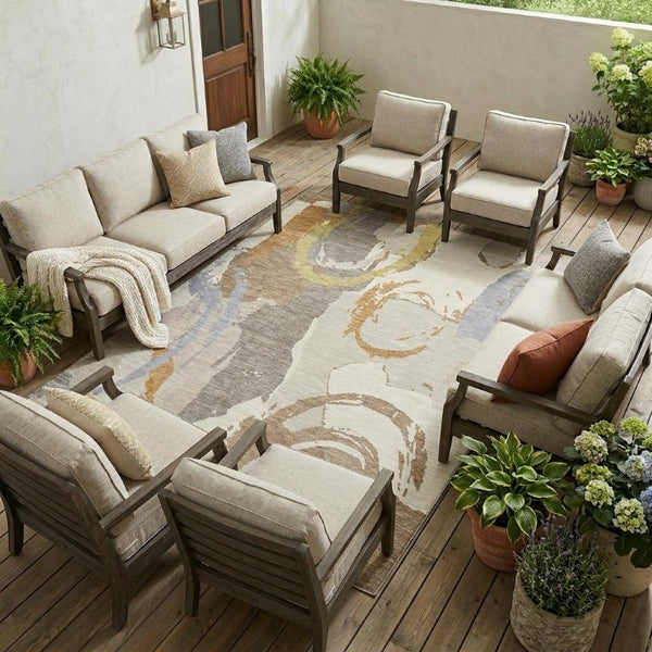 8x10 Ivory Taupe Abstract Polyester Area Rug Stain Resistant for Indoor Outdoor Use