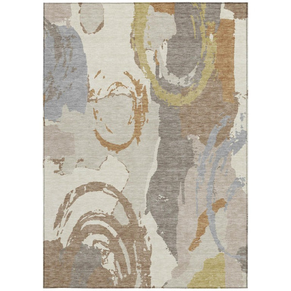 8x10 Ivory Taupe Abstract Polyester Area Rug Stain Resistant for Indoor Outdoor Use