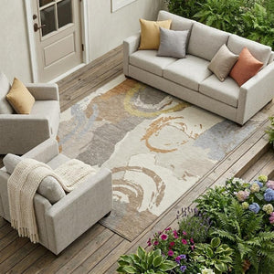 9x12 Ivory Taupe Abstract Polyester Area Rug Washable Stain Resistant Indoor Outdoor