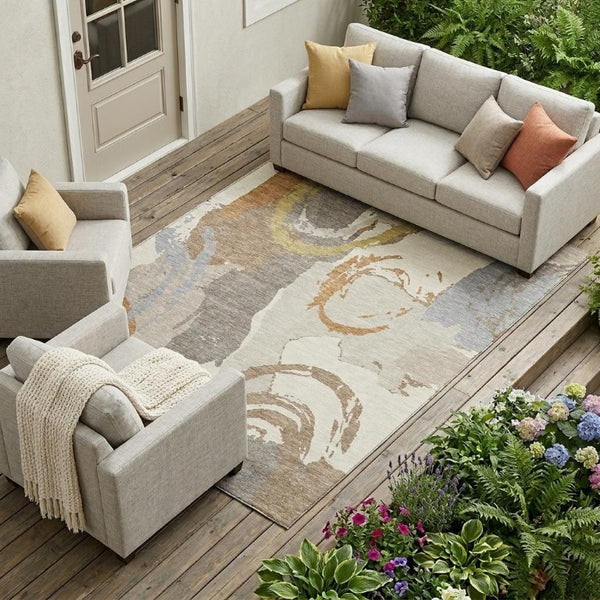 9x12 Ivory Taupe Abstract Polyester Area Rug Washable Stain Resistant Indoor Outdoor