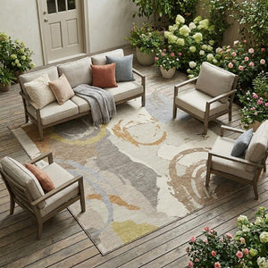10 Ft X 14 Ft Ivory Taupe Abstract Polyester Washable Rug for Patio or Living Room