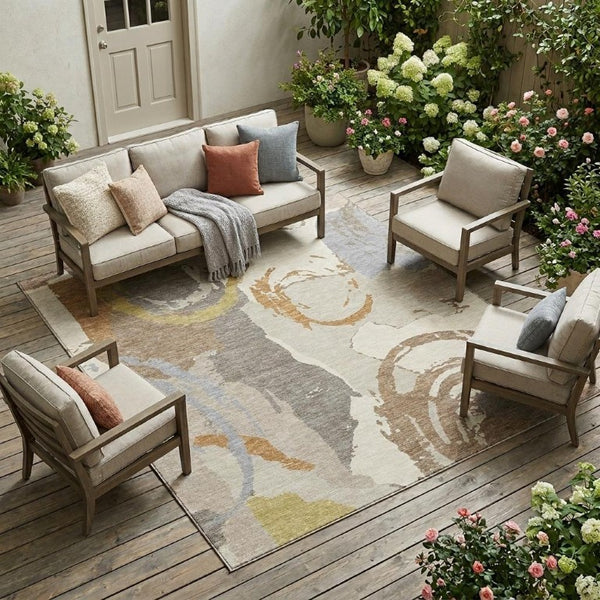 10 Ft X 14 Ft Ivory Taupe Abstract Polyester Washable Rug for Patio or Living Room
