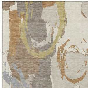 10 Ft X 14 Ft Ivory Taupe Abstract Polyester Washable Rug for Patio or Living Room