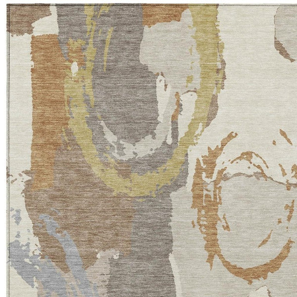 10 Ft X 14 Ft Ivory Taupe Abstract Polyester Washable Rug for Patio or Living Room