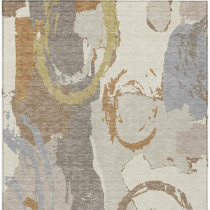 10 Ft X 14 Ft Ivory Taupe Abstract Polyester Washable Rug for Patio or Living Room