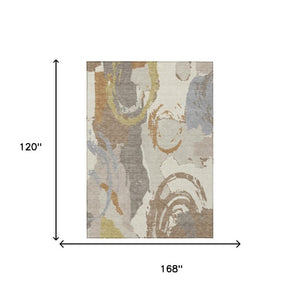10 Ft X 14 Ft Ivory Taupe Abstract Polyester Washable Rug for Patio or Living Room