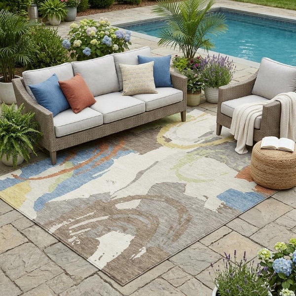 5x8 Taupe Ivory Abstract Polyester Area Rug Washable Stain Resistant Indoor Outdoor