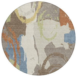 8 Ft Round Abstract Polyester Area Rug Washable Stain Resistant Indoor Outdoor Taupe Ivory