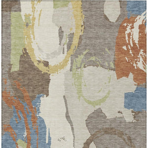 10 X 14 Abstract Taupe Ivory Polyester Area Rug Washable for Indoor Outdoor Use