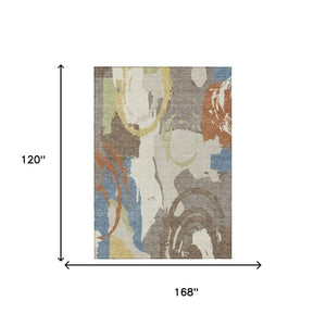 10 X 14 Abstract Taupe Ivory Polyester Area Rug Washable for Indoor Outdoor Use