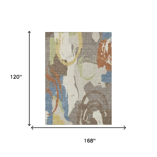 10 X 14 Abstract Taupe Ivory Polyester Area Rug Washable for Indoor Outdoor Use