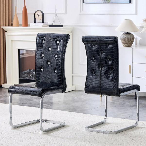 English Elm Set of 2 Glam Faux Alligator Pvc Dining Chairs with Crystal Buckle Bow Legs Black W3875P371058