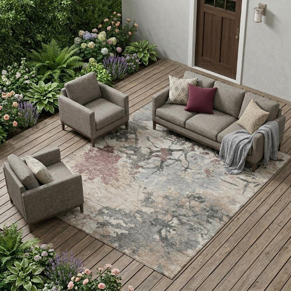 10 X 14 Abstract Taupe Green Polyester Washable Rug for Patio Living Room