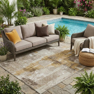 5 X 8 Abstract Beige Brown Polyester Indoor Outdoor Rug Washable and Stain Resistant
