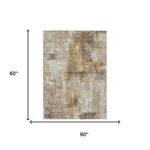 5 X 8 Abstract Beige Brown Polyester Indoor Outdoor Rug Washable and Stain Resistant